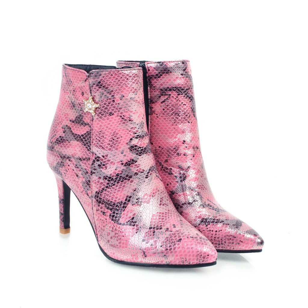 Pointed stiletto heel fashion side zipper sexy snake pattern wild ladies bare boots