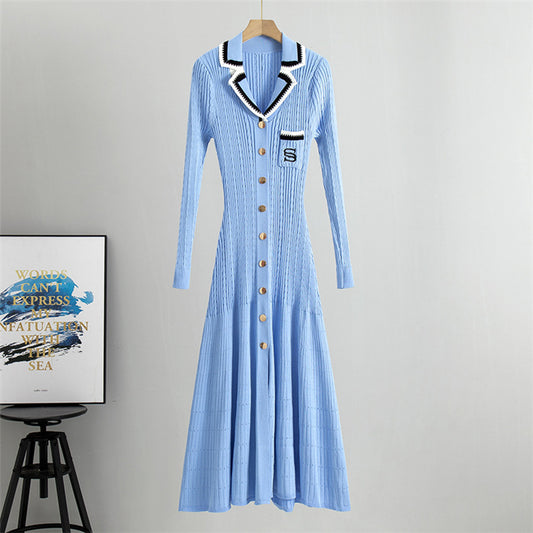 French Classic Embroidered Polo Collar Long Sleeved Knitted Dress Waist Slimming Elegant Spring Dress for Women