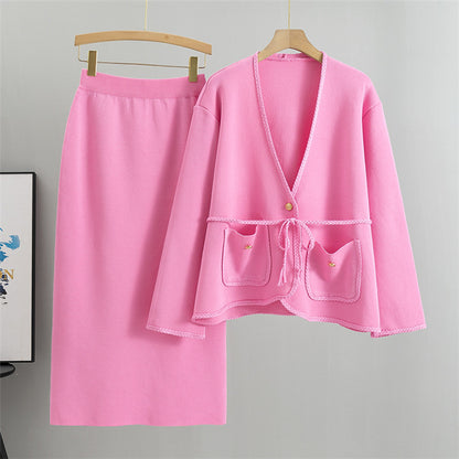 Special Interest Design Wool Two Piece Skirt Knitted Sweater Woven Belt Chanel Coat Hip Skirt Set Women