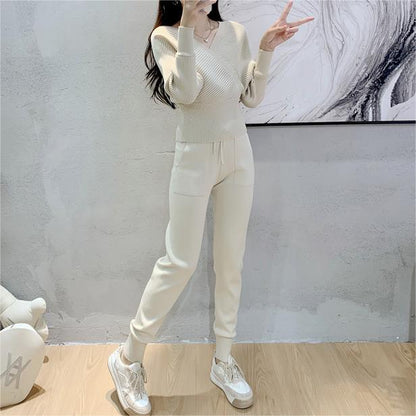 Socialite Elegant Outfit Women Autumn Short Sexy Shoulder Baring Sweater Top Ankle Tied Casual Trousers Two Piece Set