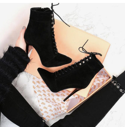 Studded lace comfortable pointed toe boots