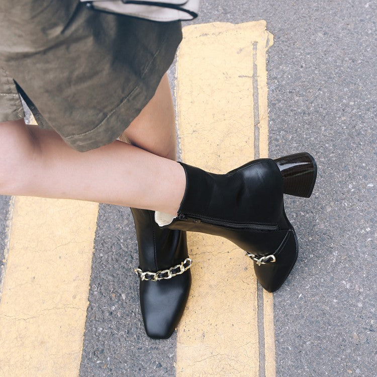 Women's thick heel short boots with metal chain decoration