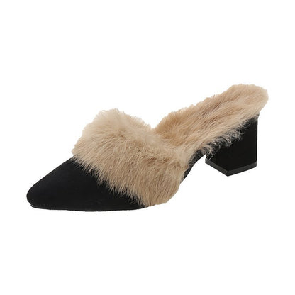 Women's Autumn Winter New Fashion Casual Pointed-toe Coarse-heeled Slippers