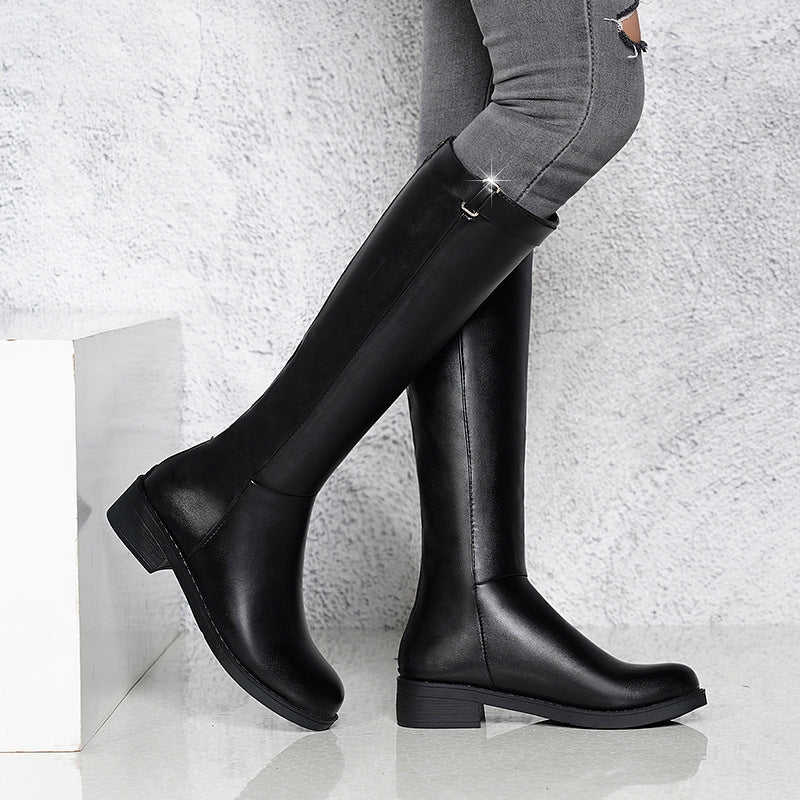 Warm rear zipper rider boot thick heel