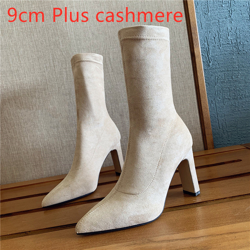 Square heel mid-tube high heels