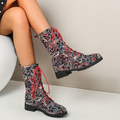 Botas cortas con estampado floral étnico de talla grande para mujer