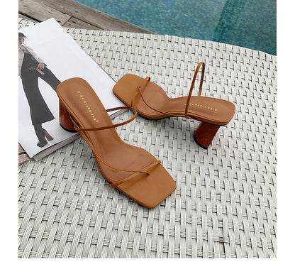 Square toe  thin strap chunky heel sandals