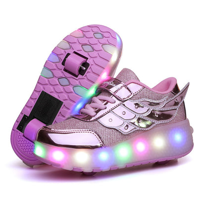 Chaussures de marche pour enfants Patins à roulettes pour adolescents Lampe de charge à double roue Patins à roulettes volants Chaussures à roues de sport