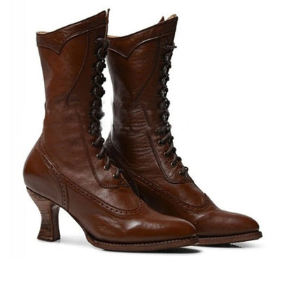 Pointed toe lace mid-heel women's boots