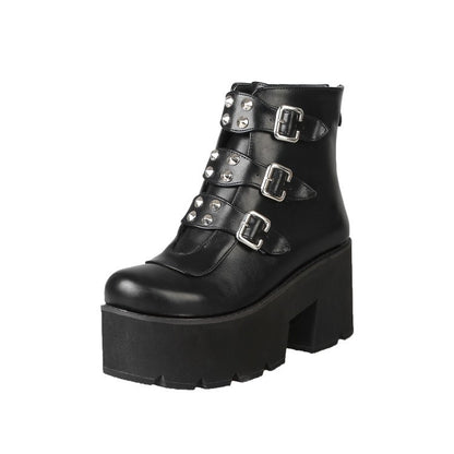 Rivet belt buckle zipper ankle boots