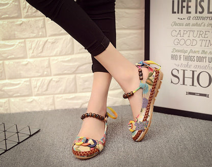 Vintage beaded embroidered lace cloth shoes national wind straps shallow mouth single shoes