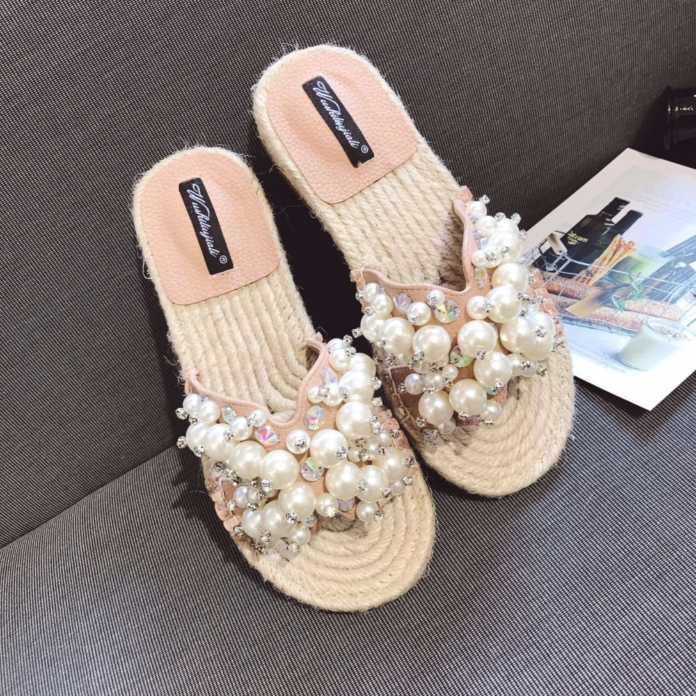 Rhinestone open-toe flat shoes