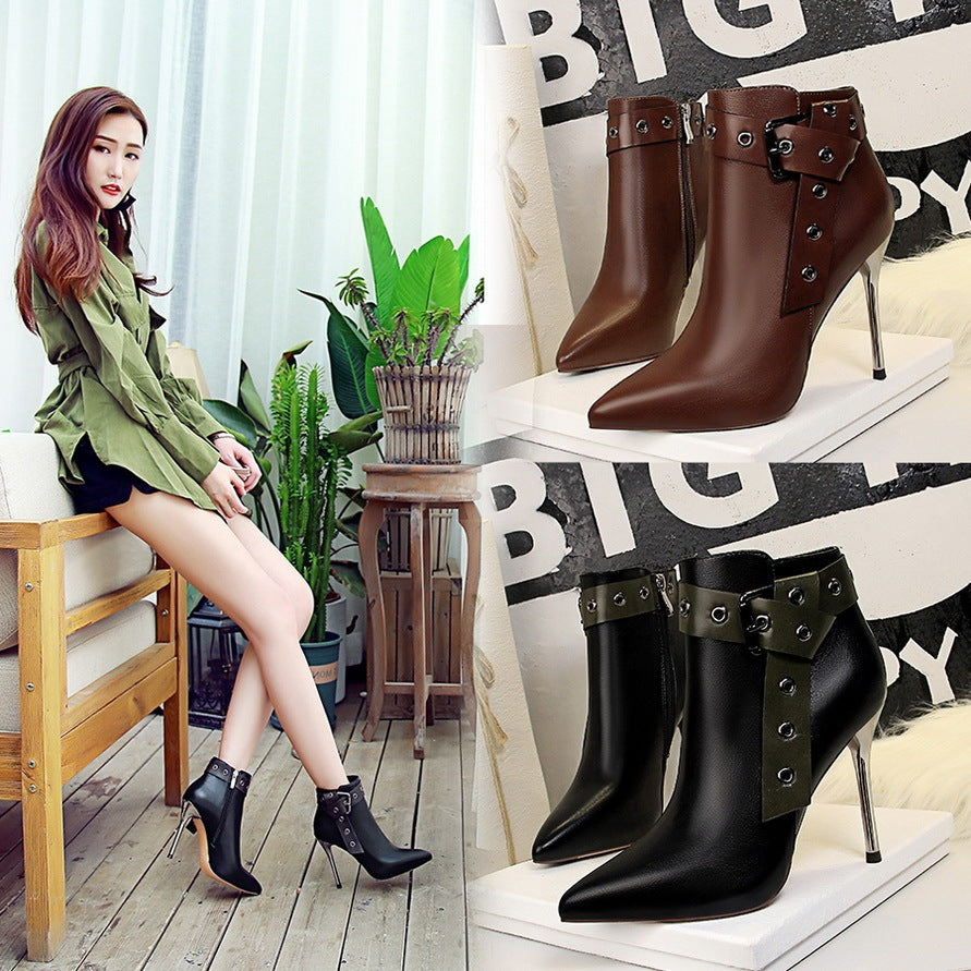 Pointed stud buckle ankle boots