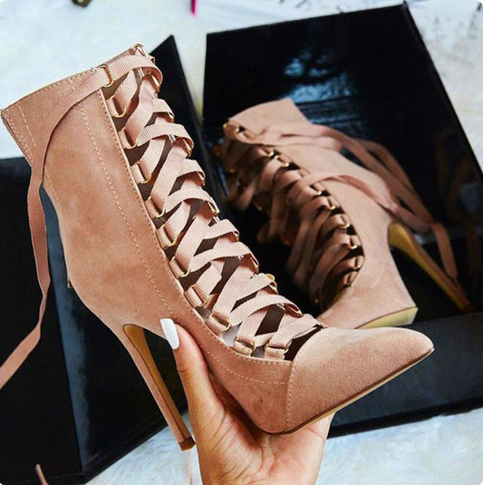 Cross-lacing stiletto boots