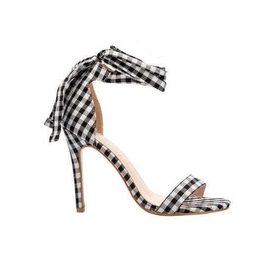 Europe and the United States plaid  toe high-heeled ankle straps with large bow sandals