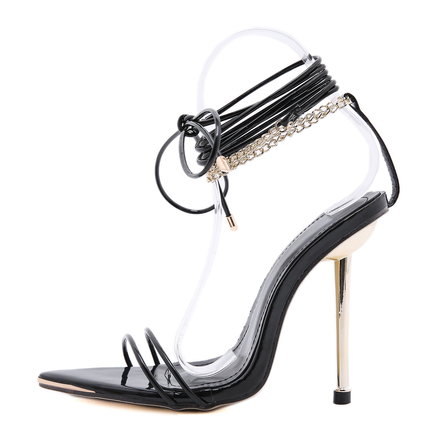 Slim Pointed Chain Roman Lace Up High Heeled Sandals