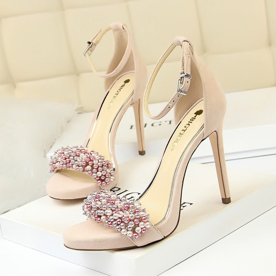 High heel platform suede pearl rhinestone strap sandals