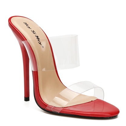 High heeled sandals with transparent ribbon