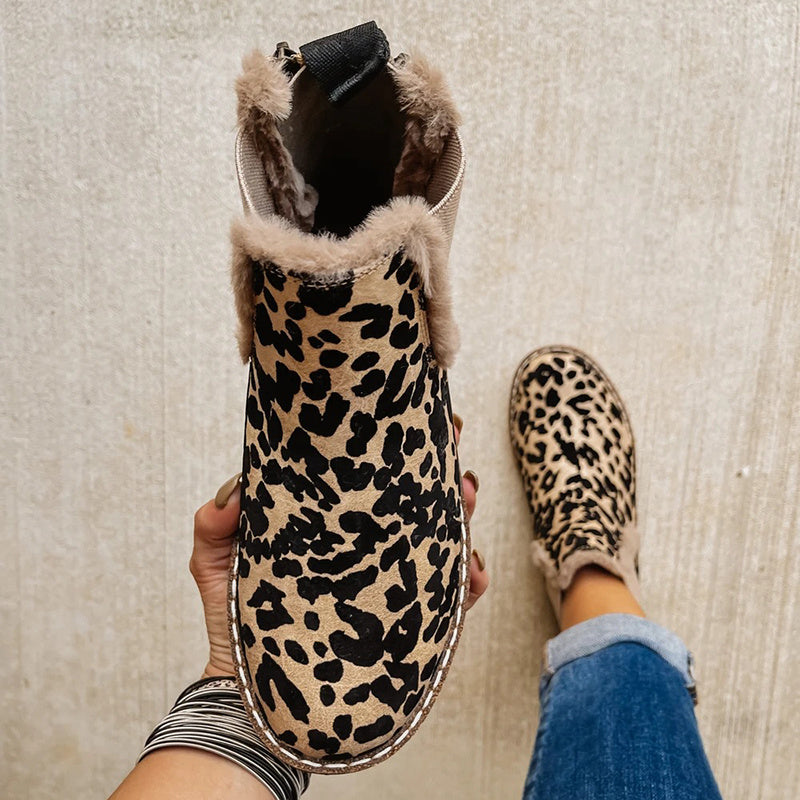 Leopard Shoes Warm Plush Ankle Boots For Women