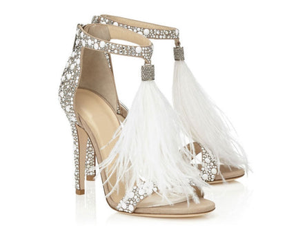 Wedding shoes solid color hot drilling sexy feather sandals feather sandals wedding shoes dance