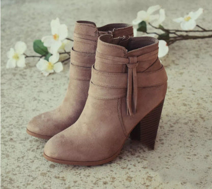 Women's suede side zipper chunky heel boots