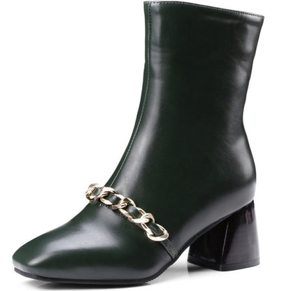 Women's thick heel short boots with metal chain decoration