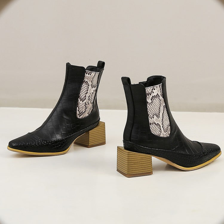 Bottes courtes pointues à talon épais et imprimé serpent pour femmes