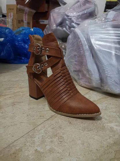 Botas de mujer con tacón alto puntiagudo y tacón grueso con efecto esmerilado