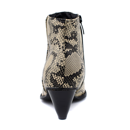 Mid-heel denim snake print ankle boots