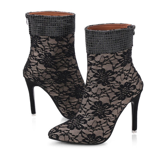 Lace mesh fine-heeled medium boots women