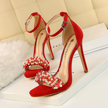 High heel platform suede pearl rhinestone strap sandals