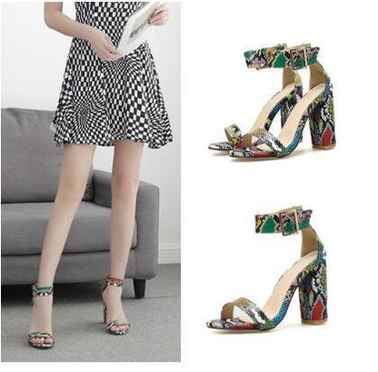 Roman Sandals Thick Heel Retro Color Snake Print Word With High Heel Sandals