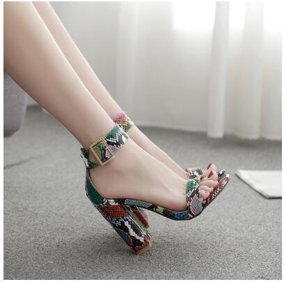 Roman Sandals Thick Heel Retro Color Snake Print Word With High Heel Sandals