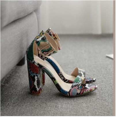 Roman Sandals Thick Heel Retro Color Snake Print Word With High Heel Sandals