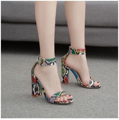 Roman Sandals Thick Heel Retro Color Snake Print Word With High Heel Sandals