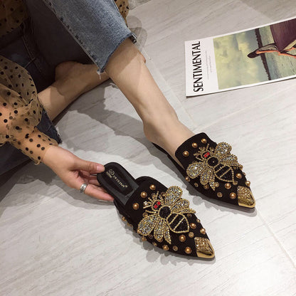 Sandalias y pantuflas planas con diseño de abeja y diamantes de imitación a la moda