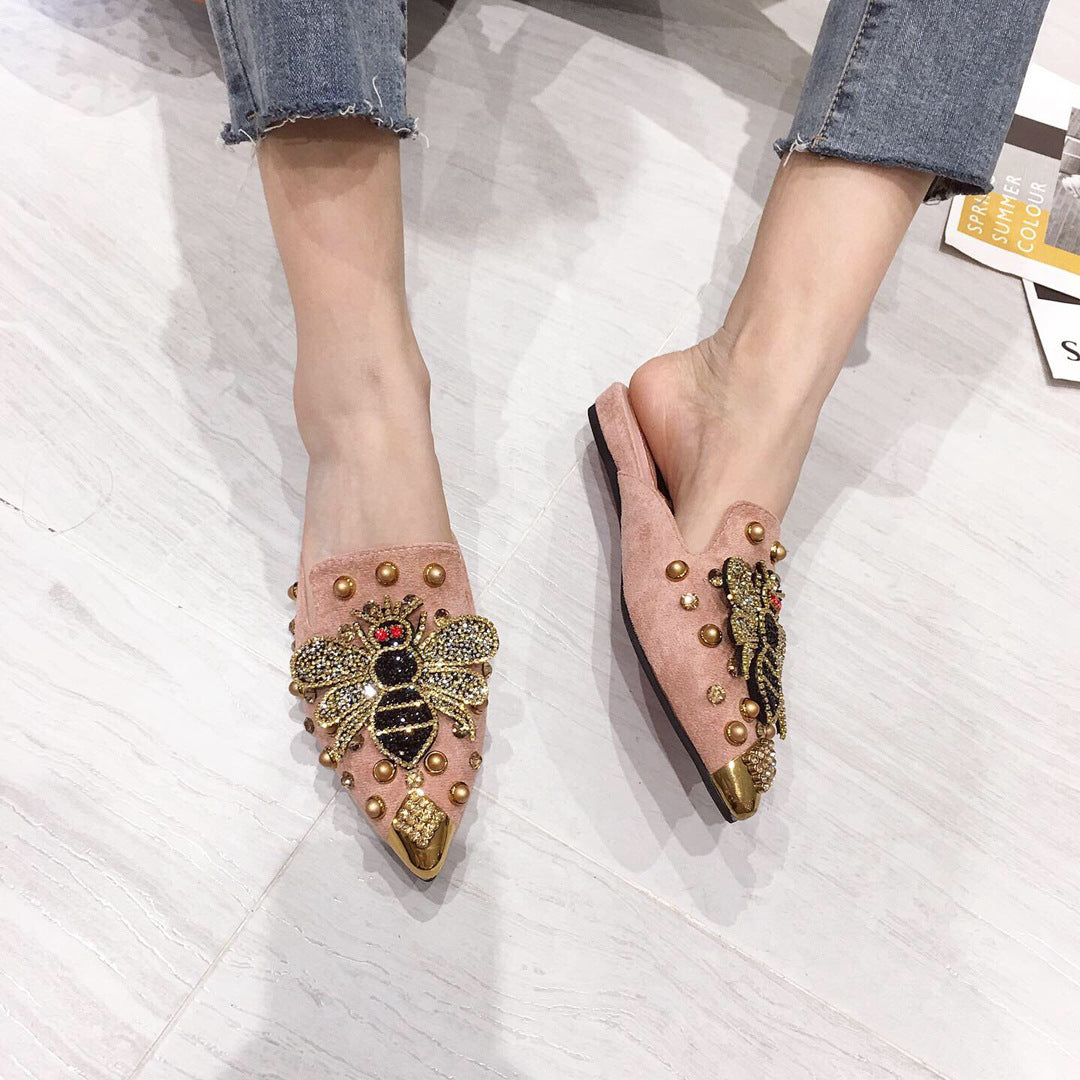 Sandalias y pantuflas planas con diseño de abeja y diamantes de imitación a la moda