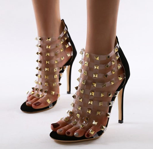 Roman Style Rivet Hollow Transparent 12 cm High Heel Sandals