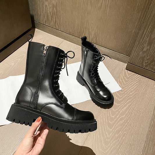 Botas de moto para aficionados británicas, botas Martin de suela gruesa y cabeza grande para mujer