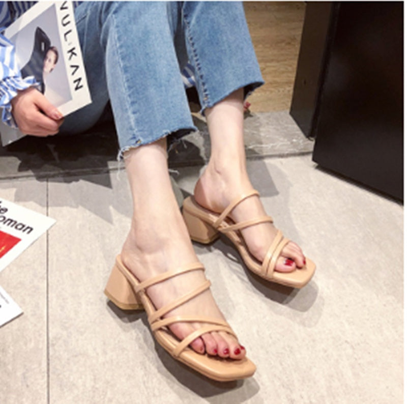 Outer Wear Thick Heel Sandals Female Fairy Wind Mid-heel High Heel Sandals and Slippers