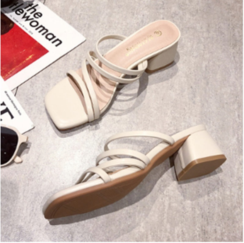 Outer Wear Thick Heel Sandals Female Fairy Wind Mid-heel High Heel Sandals and Slippers