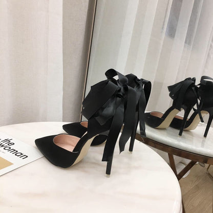 Hollow Satin Pointed Toe Stiletto Sandals