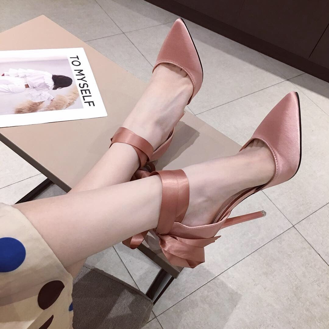 Hollow Satin Pointed Toe Stiletto Sandals