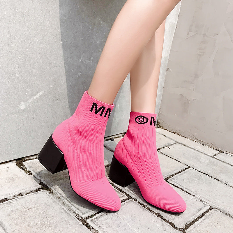 Knitted Thin Boots Sleeve Thick Heel Short Boots