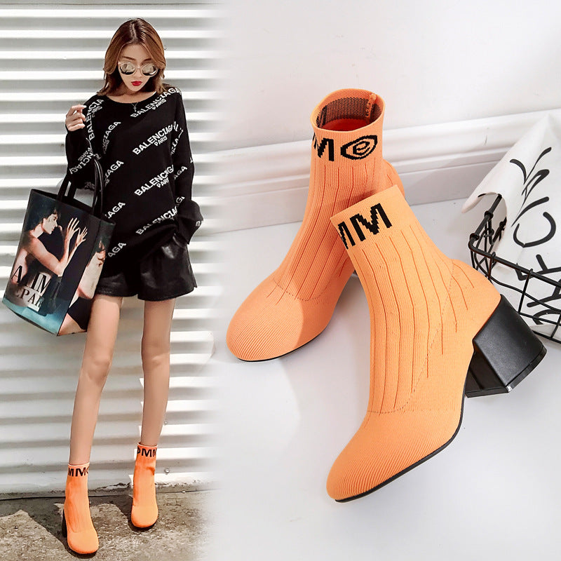 Knitted Thin Boots Sleeve Thick Heel Short Boots