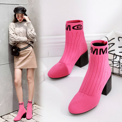 Knitted Thin Boots Sleeve Thick Heel Short Boots