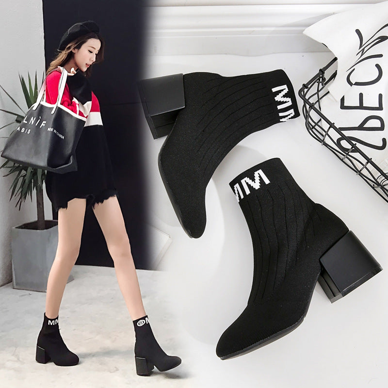 Knitted Thin Boots Sleeve Thick Heel Short Boots