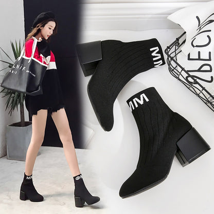 Knitted Thin Boots Sleeve Thick Heel Short Boots