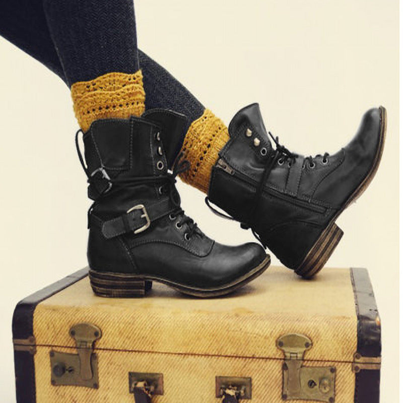 New European And American Style Lace-Up Low-Heel Martin Boots