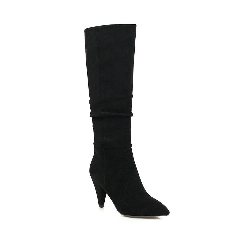 Tapered Heel And Pointed Toe Leather And Velvet High Boots